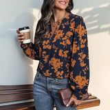 Women's Style Top Long-sleeved Pullover Printed Shirt: Navy blue / 100%Polyester /