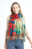 Bold Poppy & Monet Art Print Reversible Wool Tassel Scarf: Grey