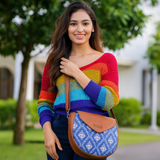 Hand Crafted Fabric Printed Crossbody Sling Bag for Womens: Blue