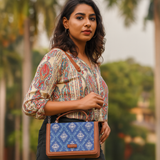 Handcrafted Print Fabric Women Top Handle Crossbody Bag: Blue
