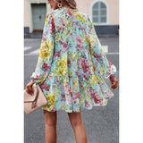 Elings Floral Print Tiered Sleeve Ruffle Hem Smock Dress