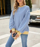 Striped Crew Neck Contrast Color Loose Long Sleeve Sweater: Blue and white stripes / 65%Rayon+30%Polyester+5%Spandex /