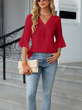 V Neck Smocked Chiffon Blouse Women 3/4 Ruffled Sleeve: Red