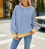 Striped Crew Neck Contrast Color Loose Long Sleeve Sweater: Blue and white stripes / 65%Rayon+30%Polyester+5%Spandex /