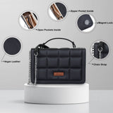 Women’s Vegan Leather Quilted Top Handle Crossbody Sling Bag: Black