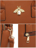 B23030-Bee Badge Triple Top Zipped Compartments Tote Handbag: Grey
