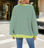 Striped Crew Neck Contrast Color Loose Long Sleeve Sweater: Green and white stripes / 65%Rayon+30%Polyester+5%Spandex / L