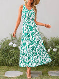 V-neck Elastic Waistband Sleeveless Printed Dress: Green