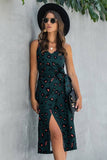 Elings Sleeveless Print Split Thigh Belted Cami Dress