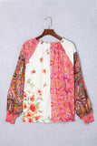 Multicolor Floral Patchwork Shirred Cuff Buttoned V Neck Blouse: Multicolor / 100%Viscose /