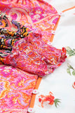 Multicolor Floral Patchwork Shirred Cuff Buttoned V Neck Blouse: Multicolor / 100%Viscose /