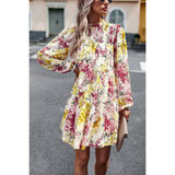 Elings Floral Print Tiered Sleeve Ruffle Hem Smock Dress