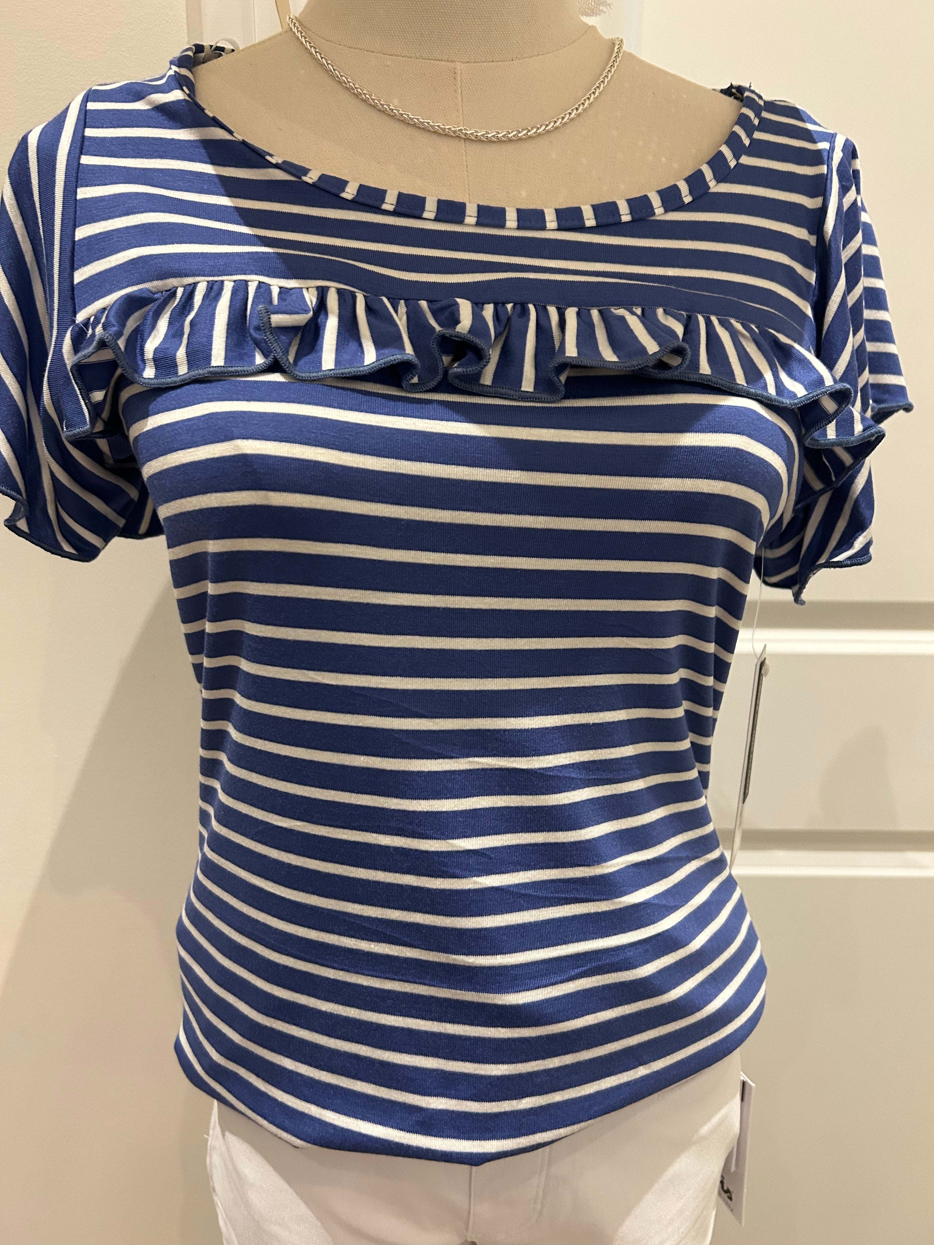 ISCA short sleeve striped top with ruffles